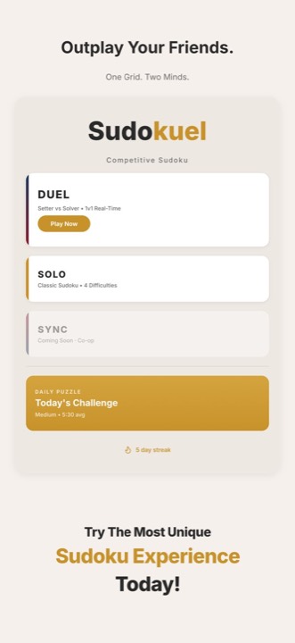 Sudokuel home screen: Duel, Solo and Daily Puzzle modes